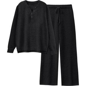 imageANRABESS Womens Pajama Fuzzy Fleece 2 Piece Long Sleeve Top Wide Leg Pants Lounge Matching Pj Sets 2025 Fall Winter OutfitsBlack