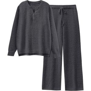 imageANRABESS Womens Pajama Fuzzy Fleece 2 Piece Long Sleeve Top Wide Leg Pants Lounge Matching Pj Sets 2025 Fall Winter OutfitsDeep Gray