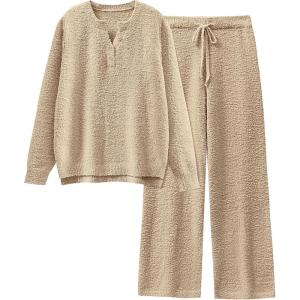 imageANRABESS Womens Pajama Fuzzy Fleece 2 Piece Long Sleeve Top Wide Leg Pants Lounge Matching Pj Sets 2025 Fall Winter OutfitsLight Khaki