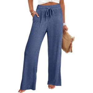 imageANRABESS Womens Ribbed Knit Lounge Pajama Pants Soft Fuzzy Comfy Straight Leg Drawstring Fall Loose Pj Bottoms with PocketsDark Blue
