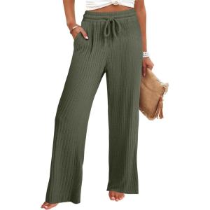 imageANRABESS Womens Ribbed Knit Lounge Pajama Pants Soft Fuzzy Comfy Straight Leg Drawstring Fall Loose Pj Bottoms with PocketsDeep Green