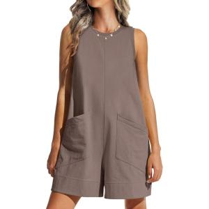 imageANRABESS Womens Romper Casual Loose Sleeveless 2025 Summer One Piece Outfit Crewneck Short Jumpsuit Overall Outfits ampamp PocketsCoffee Grey