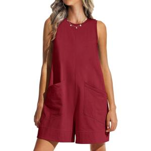 imageANRABESS Womens Romper Casual Loose Sleeveless 2025 Summer One Piece Outfit Crewneck Short Jumpsuit Overall Outfits ampamp PocketsDark Red
