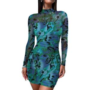 imageANRABESS Womens Sexy Bodycon Mesh Ruched Mini Dresses Mock Neck Slim Fall Long Sleeve Cocktail Party Going Out Short DressGreen Floral