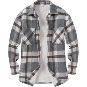 imageANRABESS Womens Sherpa Fleece Lined Flannel Plaid Shirt Jackets Fuzzy Warm Button Down Shacket with Pockets 2025 Fall OutfitsGrey Khaki Plaid