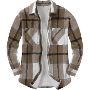 imageANRABESS Womens Sherpa Fleece Lined Flannel Plaid Shirt Jackets Fuzzy Warm Button Down Shacket with Pockets 2025 Fall OutfitsLight Brown Plaid