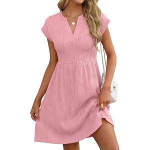 imageANRABESS Womens Summer V Neck Cap Sleeve Tunic Short Dress 2025 Casual Fit Textured Aline Beach Vacation SundressPink