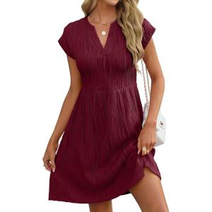 imageANRABESS Womens Summer V Neck Cap Sleeve Tunic Short Dress 2025 Casual Fit Textured Aline Beach Vacation SundressWine Red