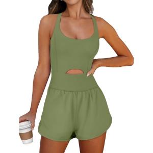 imageCaracilia Womens Workout Athletic Romper Summer Sets Short Jumpsuits Onesie Running Outfits Exercise Gym 2025 Trendy ClothesArmy Green