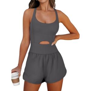 imageCaracilia Womens Workout Athletic Romper Summer Sets Short Jumpsuits Onesie Running Outfits Exercise Gym 2025 Trendy ClothesGrey