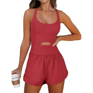 imageCaracilia Womens Workout Athletic Romper Summer Sets Short Jumpsuits Onesie Running Outfits Exercise Gym 2025 Trendy ClothesRed