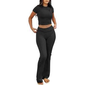 imageANRABESS Lounge Sets for Women 2 Piece Foldover Yoga Flare Leggings Pants Crop Tops Casual Y2K Outfits Matching Tracksuit SetBlack