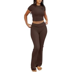 imageANRABESS Lounge Sets for Women 2 Piece Foldover Yoga Flare Leggings Pants Crop Tops Casual Y2K Outfits Matching Tracksuit SetBrown