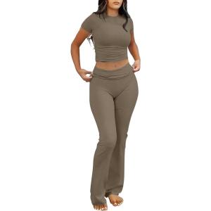 imageANRABESS Lounge Sets for Women 2 Piece Foldover Yoga Flare Leggings Pants Crop Tops Casual Y2K Outfits Matching Tracksuit SetCoffee Grey
