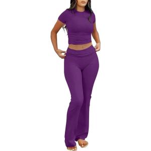 imageANRABESS Lounge Sets for Women 2 Piece Foldover Yoga Flare Leggings Pants Crop Tops Casual Y2K Outfits Matching Tracksuit SetDeep Purple