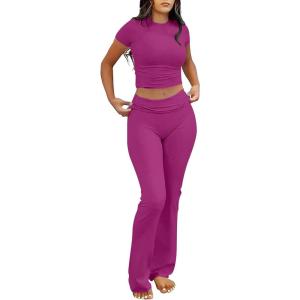 imageANRABESS Lounge Sets for Women 2 Piece Foldover Yoga Flare Leggings Pants Crop Tops Casual Y2K Outfits Matching Tracksuit SetHot Pink