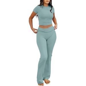 imageANRABESS Lounge Sets for Women 2 Piece Foldover Yoga Flare Leggings Pants Crop Tops Casual Y2K Outfits Matching Tracksuit SetLake Green