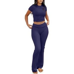 imageANRABESS Lounge Sets for Women 2 Piece Foldover Yoga Flare Leggings Pants Crop Tops Casual Y2K Outfits Matching Tracksuit SetNavy Blue