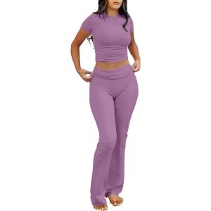 imageANRABESS Lounge Sets for Women 2 Piece Foldover Yoga Flare Leggings Pants Crop Tops Casual Y2K Outfits Matching Tracksuit SetPurple