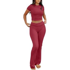 imageANRABESS Lounge Sets for Women 2 Piece Foldover Yoga Flare Leggings Pants Crop Tops Casual Y2K Outfits Matching Tracksuit SetRed