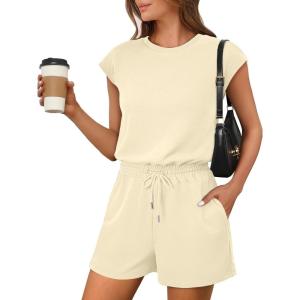 imageANRABESS Rompers for Women Summer 2025 Casual Cap Sleeve Crewneck Drawstring One Piece Jumpsuit Outfits with PocketsBeige