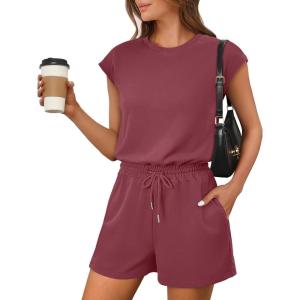 imageANRABESS Rompers for Women Summer 2025 Casual Cap Sleeve Crewneck Drawstring One Piece Jumpsuit Outfits with PocketsBurgundy