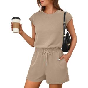imageANRABESS Rompers for Women Summer 2025 Casual Cap Sleeve Crewneck Drawstring One Piece Jumpsuit Outfits with PocketsKhaiki