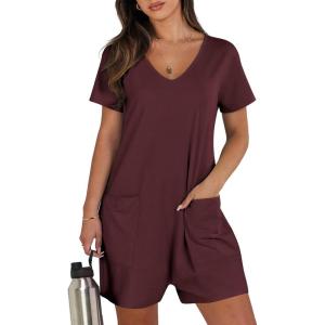 imageANRABESS Rompers for Women Summer Casual Short Sleeve Jumpsuits V Neck Loose Fit One Piece Outfits with Pockets 2025 ClothesBurgundy