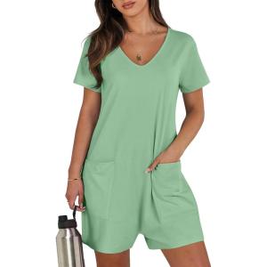 imageANRABESS Rompers for Women Summer Casual Short Sleeve Jumpsuits V Neck Loose Fit One Piece Outfits with Pockets 2025 ClothesLight Green