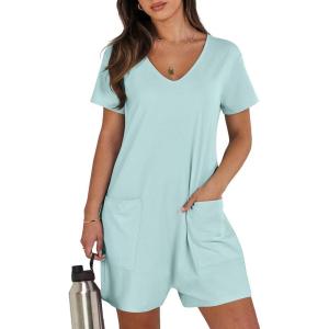 imageANRABESS Rompers for Women Summer Casual Short Sleeve Jumpsuits V Neck Loose Fit One Piece Outfits with Pockets 2025 ClothesMint Green