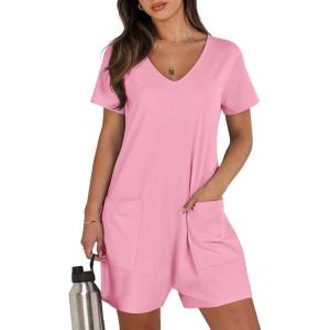 imageANRABESS Rompers for Women Summer Casual Short Sleeve Jumpsuits V Neck Loose Fit One Piece Outfits with Pockets 2025 ClothesPink