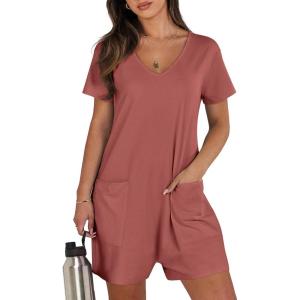 imageANRABESS Rompers for Women Summer Casual Short Sleeve Jumpsuits V Neck Loose Fit One Piece Outfits with Pockets 2025 ClothesRust