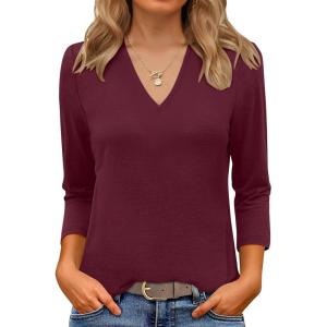 imageANRABESS Women 34 Length Sleeve Tops V Neck Basic Dressy Casual Business Tunic Tee Shirts 2025 Fall Summer Trendy OutfitsBurgundy