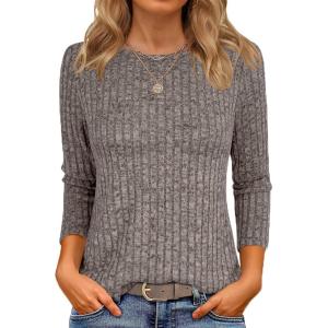 imageANRABESS Women 34 Sleeve Length Shirts 2025 Fall Lightweight Sweaters Loose Fit Ribbed Knit Casual Soft Layering TopsCool Ash Brown