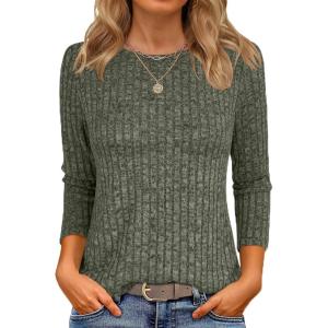 imageANRABESS Women 34 Sleeve Length Shirts 2025 Fall Lightweight Sweaters Loose Fit Ribbed Knit Casual Soft Layering TopsDeep Green