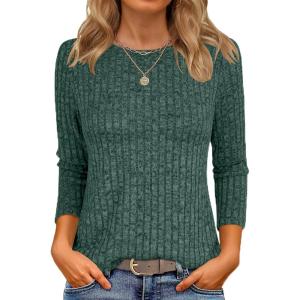 imageANRABESS Women 34 Sleeve Length Shirts 2025 Fall Lightweight Sweaters Loose Fit Ribbed Knit Casual Soft Layering TopsGreen