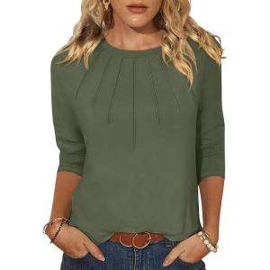 imageANRABESS Women Dressy Casual Blouse 34 Long Sleeve T Shirts Pleated Round Neck Business Work Tunic Tops 2025 Fall OutfitsArmy Green