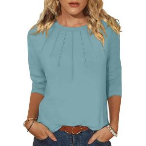 imageANRABESS Women Dressy Casual Blouse 34 Long Sleeve T Shirts Pleated Round Neck Business Work Tunic Tops 2025 Fall OutfitsGray Green