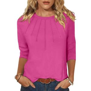 imageANRABESS Women Dressy Casual Blouse 34 Long Sleeve T Shirts Pleated Round Neck Business Work Tunic Tops 2025 Fall OutfitsHot Pink