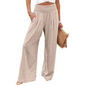 imageANRABESS Women Linen Palazzo Pants Summer Boho Wide Leg High Waist Casual Lounge Pant 2025 Beach Travel Vacation OutfitsAlmond