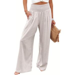 imageANRABESS Women Linen Palazzo Pants Summer Boho Wide Leg High Waist Casual Lounge Pant 2025 Beach Travel Vacation OutfitsApricot
