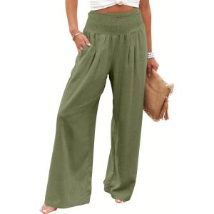 imageANRABESS Women Linen Palazzo Pants Summer Boho Wide Leg High Waist Casual Lounge Pant 2025 Beach Travel Vacation OutfitsArmy Green
