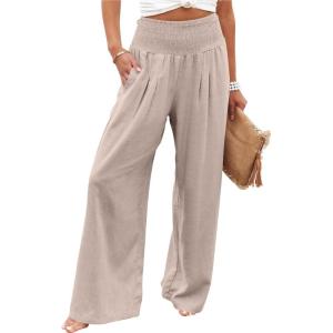 imageANRABESS Women Linen Palazzo Pants Summer Boho Wide Leg High Waist Casual Lounge Pant 2025 Beach Travel Vacation OutfitsBeige