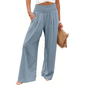 imageANRABESS Women Linen Palazzo Pants Summer Boho Wide Leg High Waist Casual Lounge Pant 2025 Beach Travel Vacation OutfitsBlue