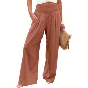 imageANRABESS Women Linen Palazzo Pants Summer Boho Wide Leg High Waist Casual Lounge Pant 2025 Beach Travel Vacation OutfitsBrick Red