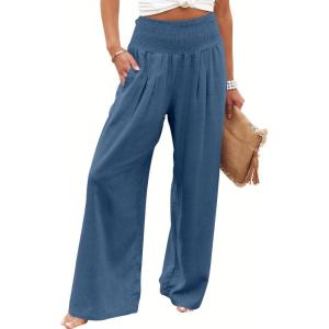 imageANRABESS Women Linen Palazzo Pants Summer Boho Wide Leg High Waist Casual Lounge Pant 2025 Beach Travel Vacation OutfitsDeep Blue