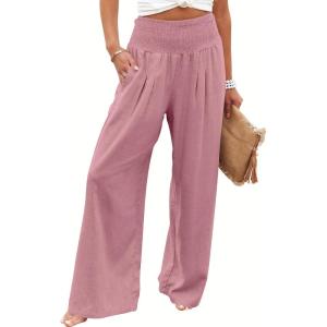 imageANRABESS Women Linen Palazzo Pants Summer Boho Wide Leg High Waist Casual Lounge Pant 2025 Beach Travel Vacation OutfitsPink