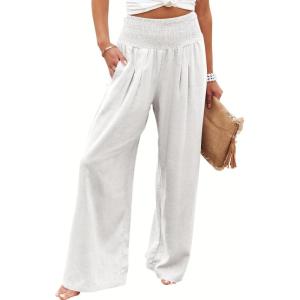 imageANRABESS Women Linen Palazzo Pants Summer Boho Wide Leg High Waist Casual Lounge Pant 2025 Beach Travel Vacation OutfitsWhite