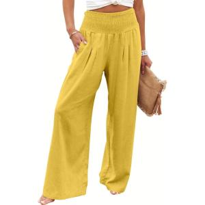 imageANRABESS Women Linen Palazzo Pants Summer Boho Wide Leg High Waist Casual Lounge Pant 2025 Beach Travel Vacation OutfitsYellow