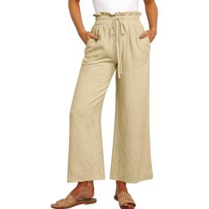 imageANRABESS Women Linen Pants Casual Loose High Waist Boho Wide Leg Cropped Palazzo Beach Pants Summer Outfits 2025 TrendyApricot